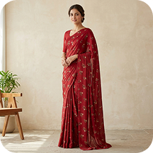 A woman wearing a red floral saree returned as a translated search result