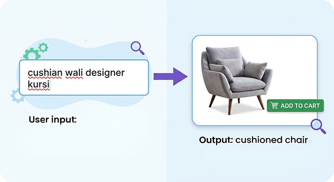 A Hinglish search for a designer chair returning a cushioned chair
