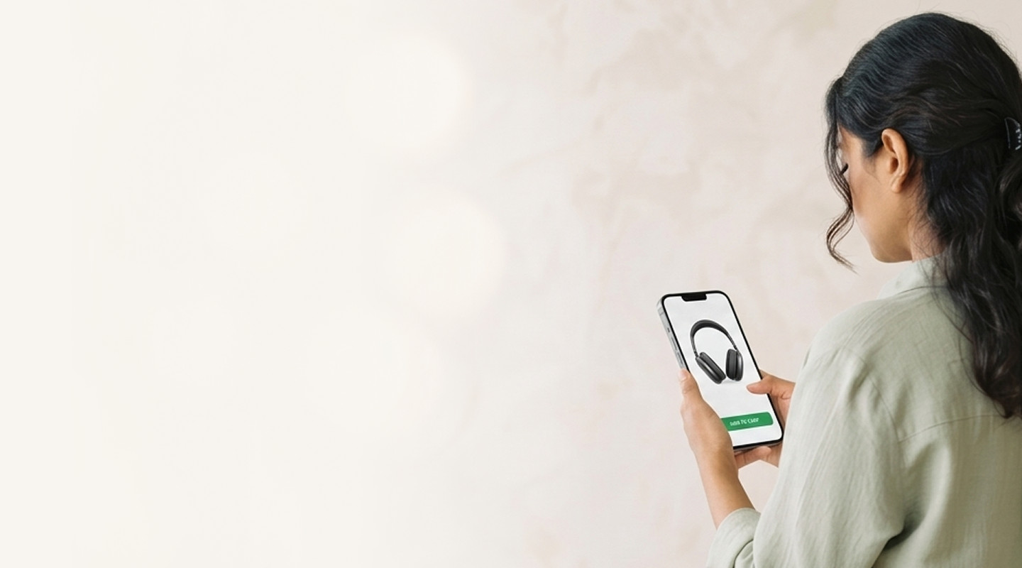 A shopper viewing headphones on a mobile phone